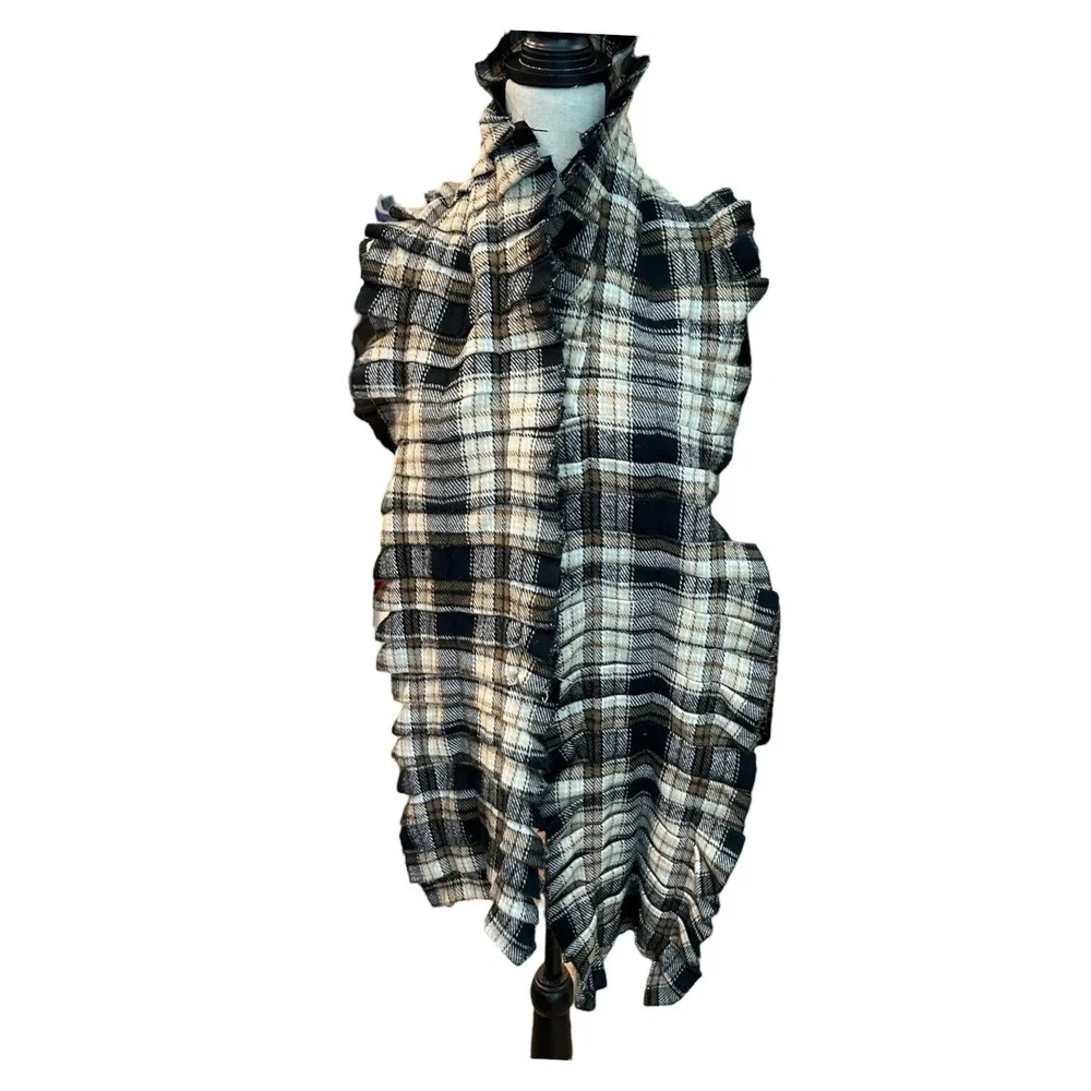 Echo Black Brown Beige Plaid Ruched Cozy Winter Cold Weather Scarf